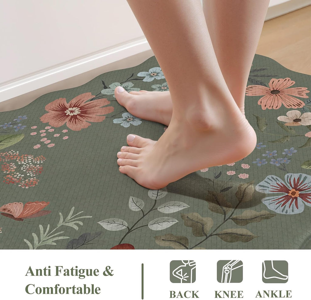 Green Scalloped Floral Anti Fatigue Kitchen Rug Set of 2