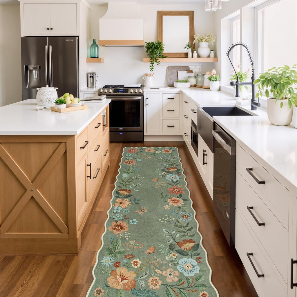 Green Boho Floral Runner Rug