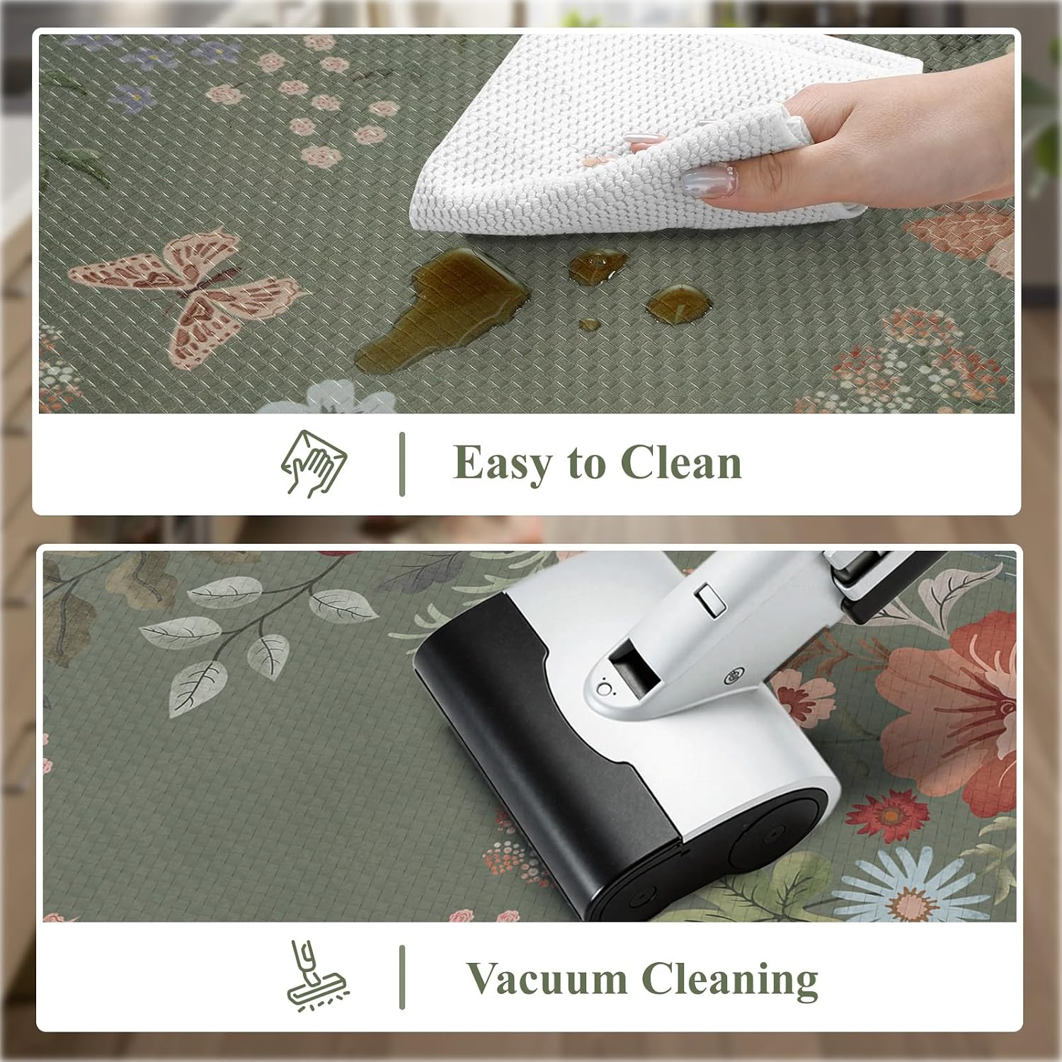Green Scalloped Floral Anti Fatigue Kitchen Rug Set of 2