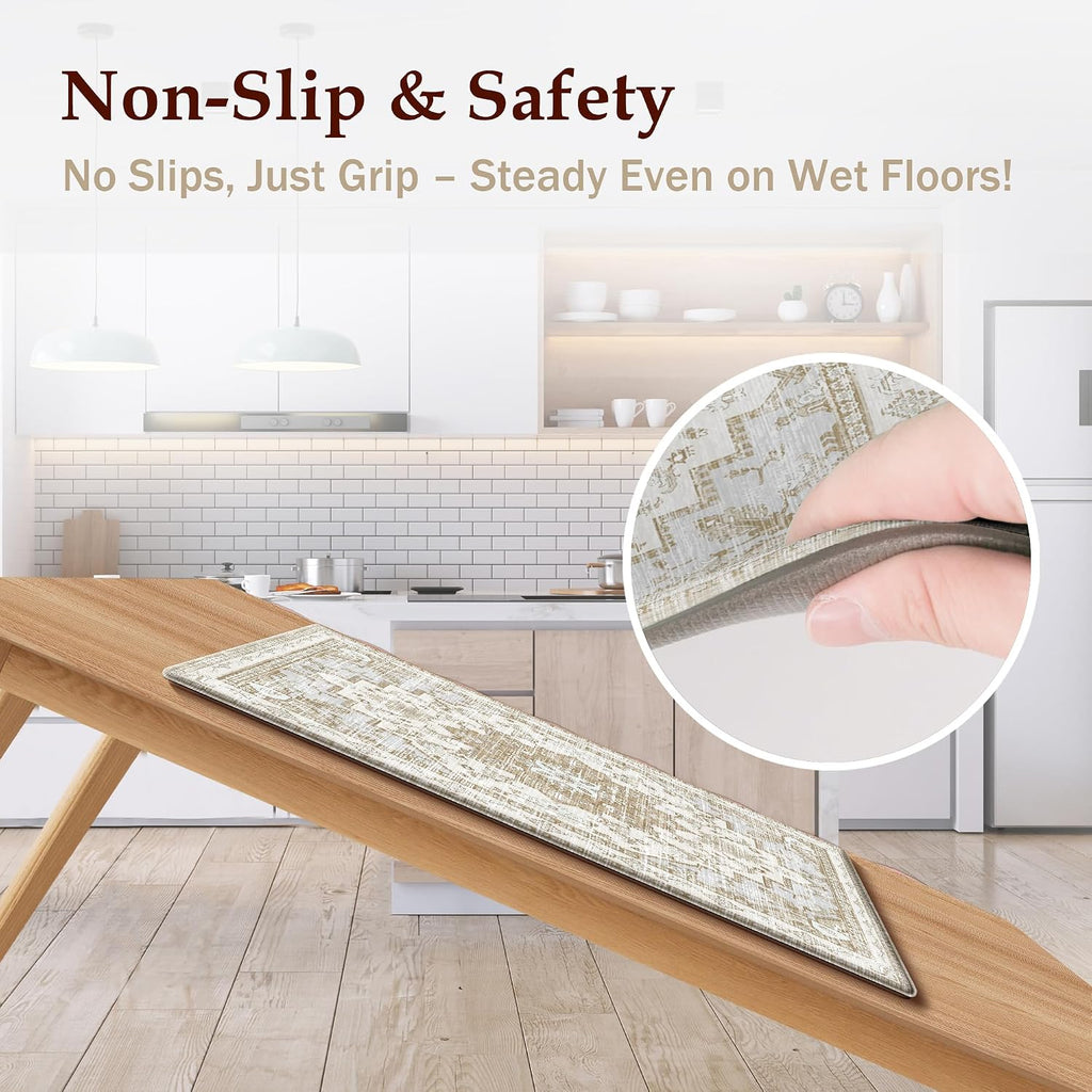 Beige Tan Boho Anti Fatigue Kitchen Rug Set of 2