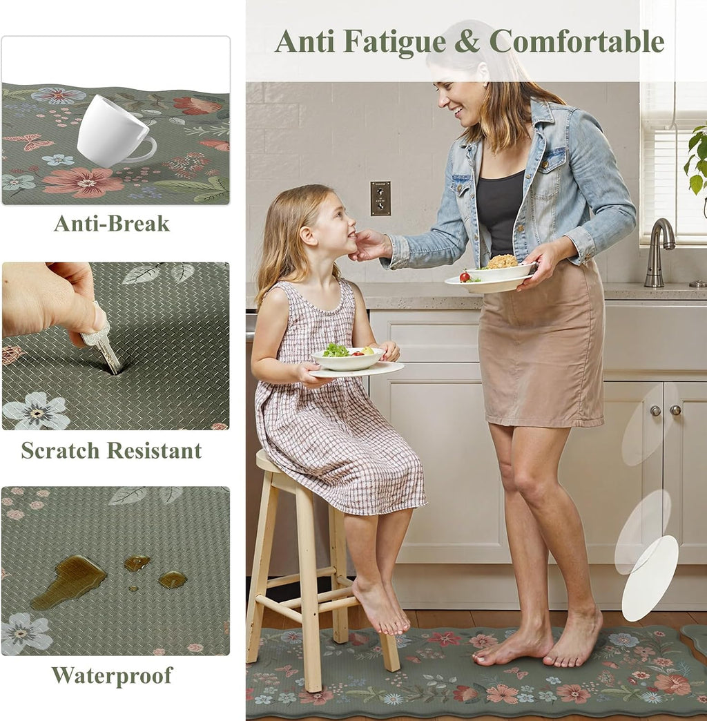 Green Scalloped Floral Anti Fatigue Kitchen Rug Set of 2