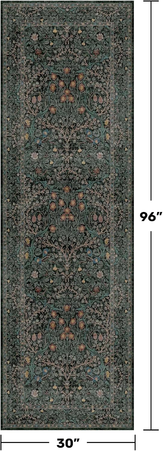 Dark Green Floral Washable Runner Rug
