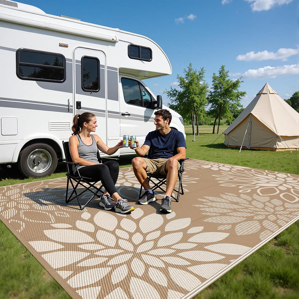 Floral Plastic Straw Outdoor Patio Rug