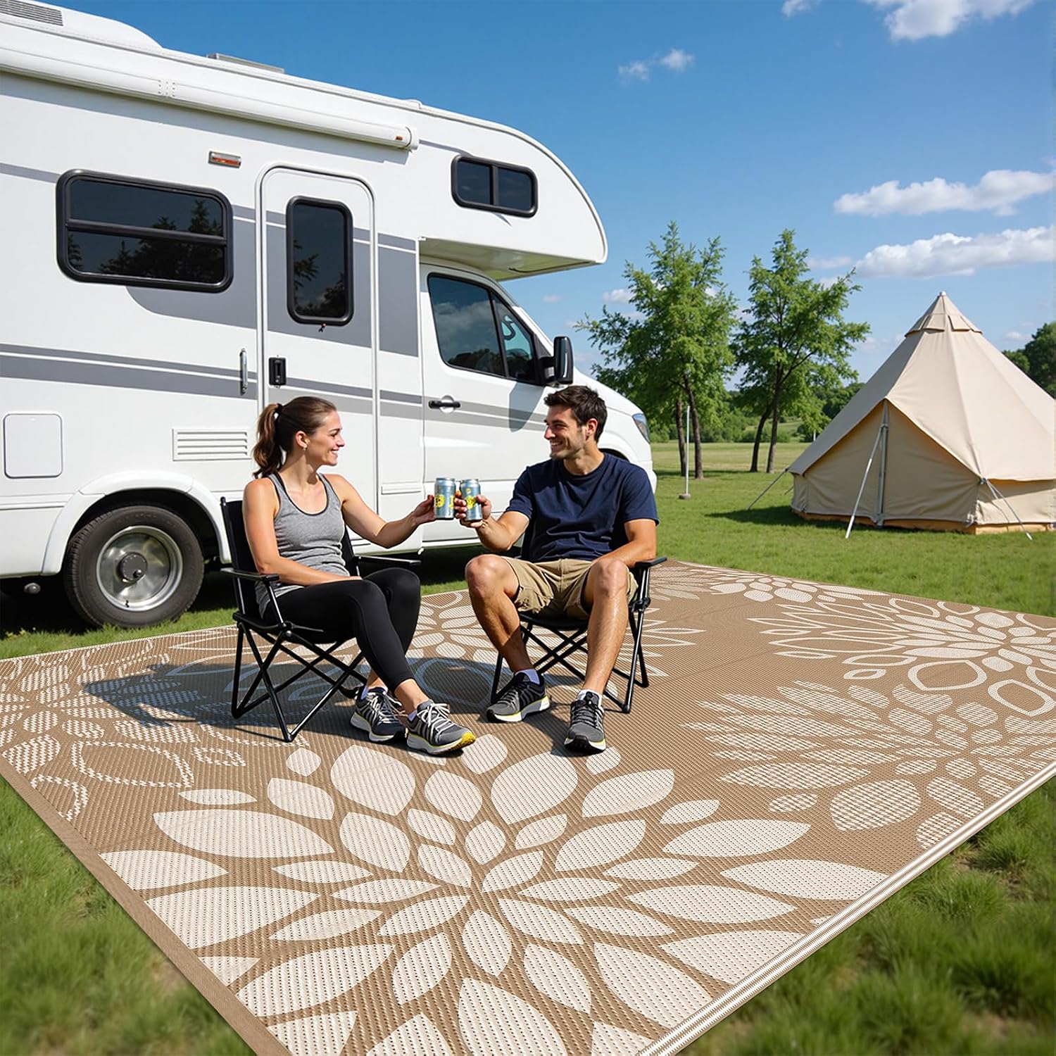 Floral Plastic Straw Outdoor Patio Rug