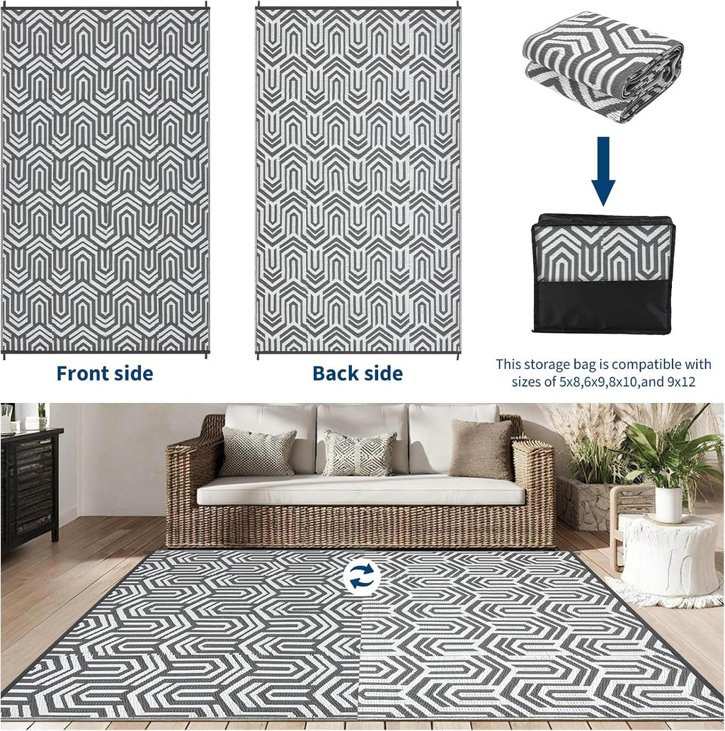 Grey White Abstract Plastic Straw Rug