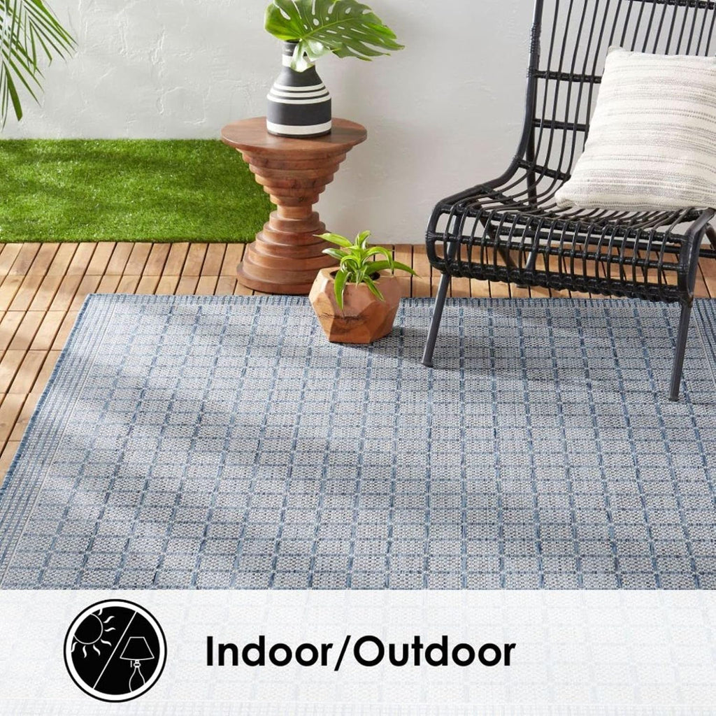 Blue Grey Geometric Patio Rug