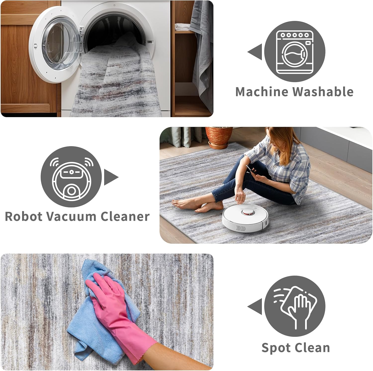 Beige Grey Washable Runner Rug