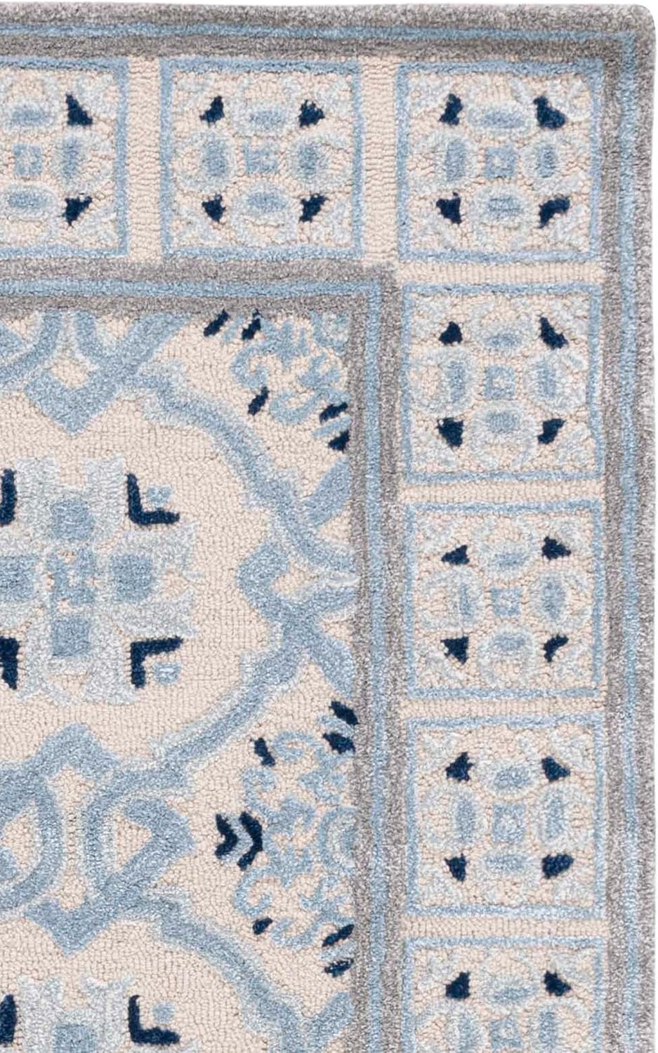 Ivory Blue Wool Viscose Square Rug