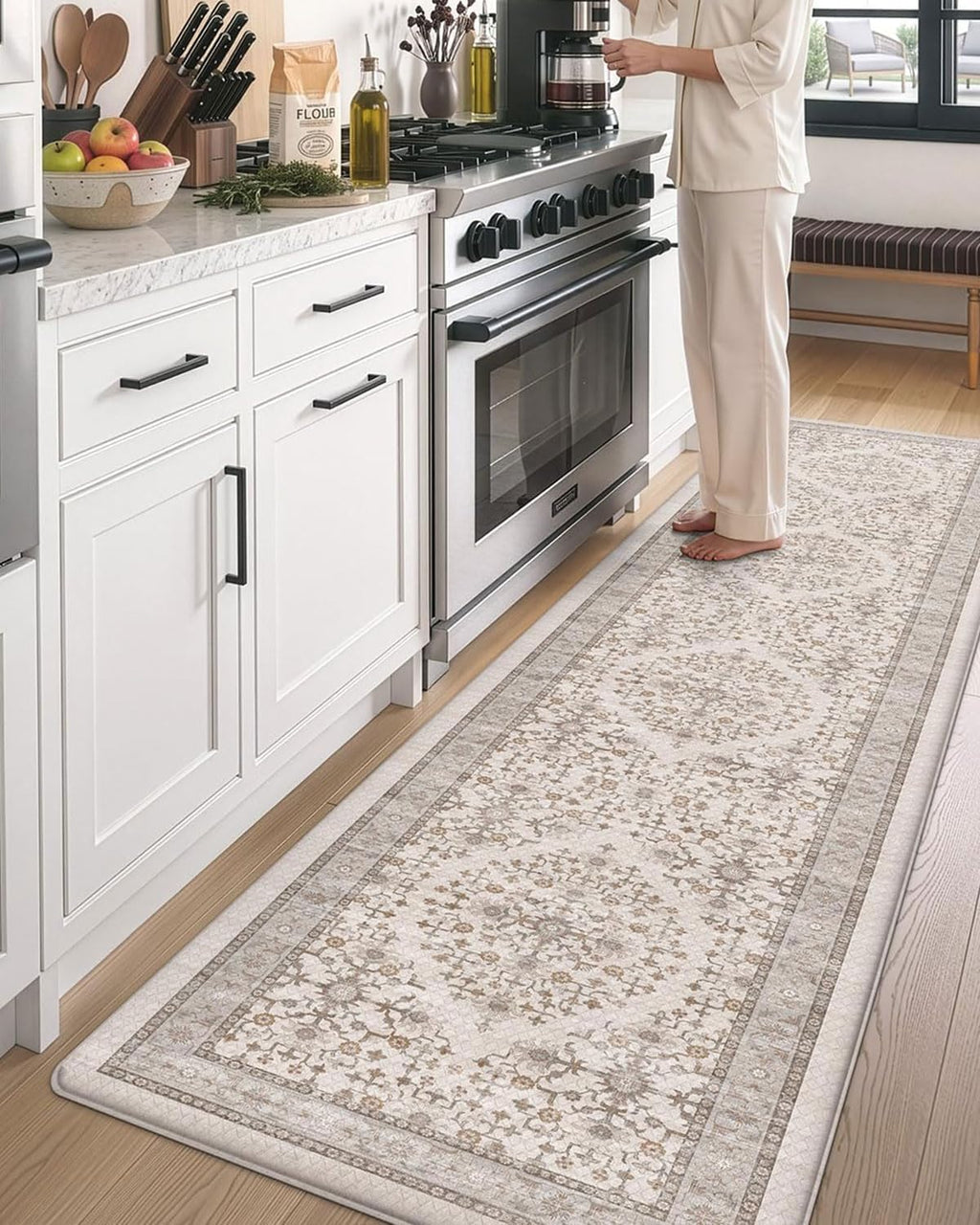Beige White Memory Foam Anti Fatigue Kitchen Runner Rug