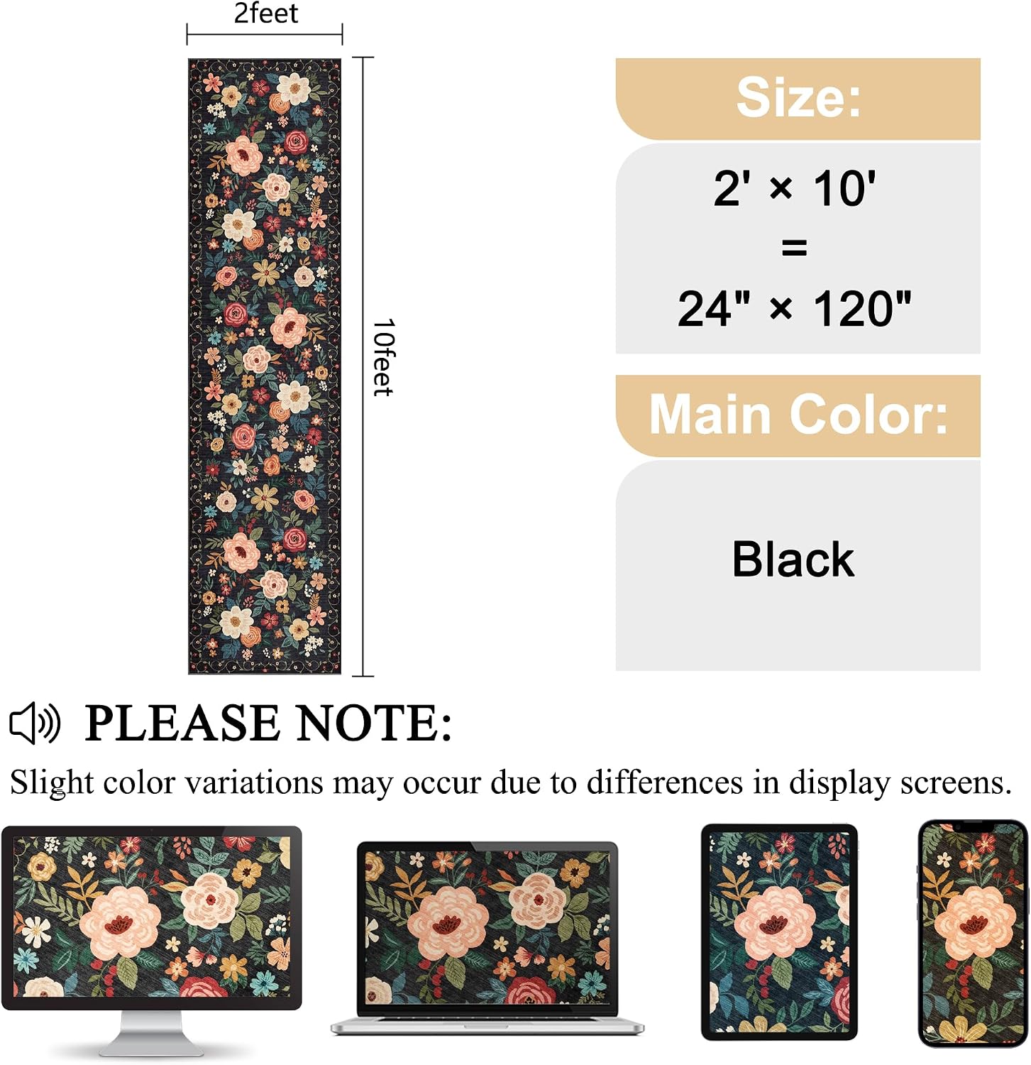 Black Floral Washable Runner Rug