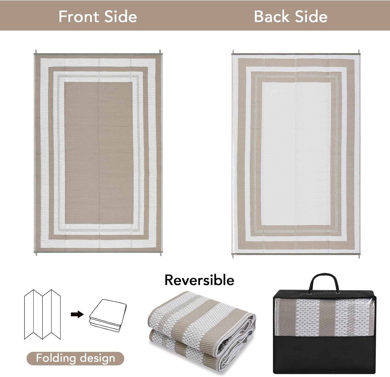 Grey Beige Reversible Plastic Straw Rug