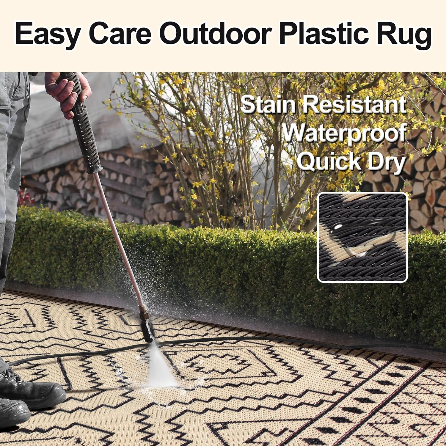 Black Beige Plastic Straw Outdoor Rug