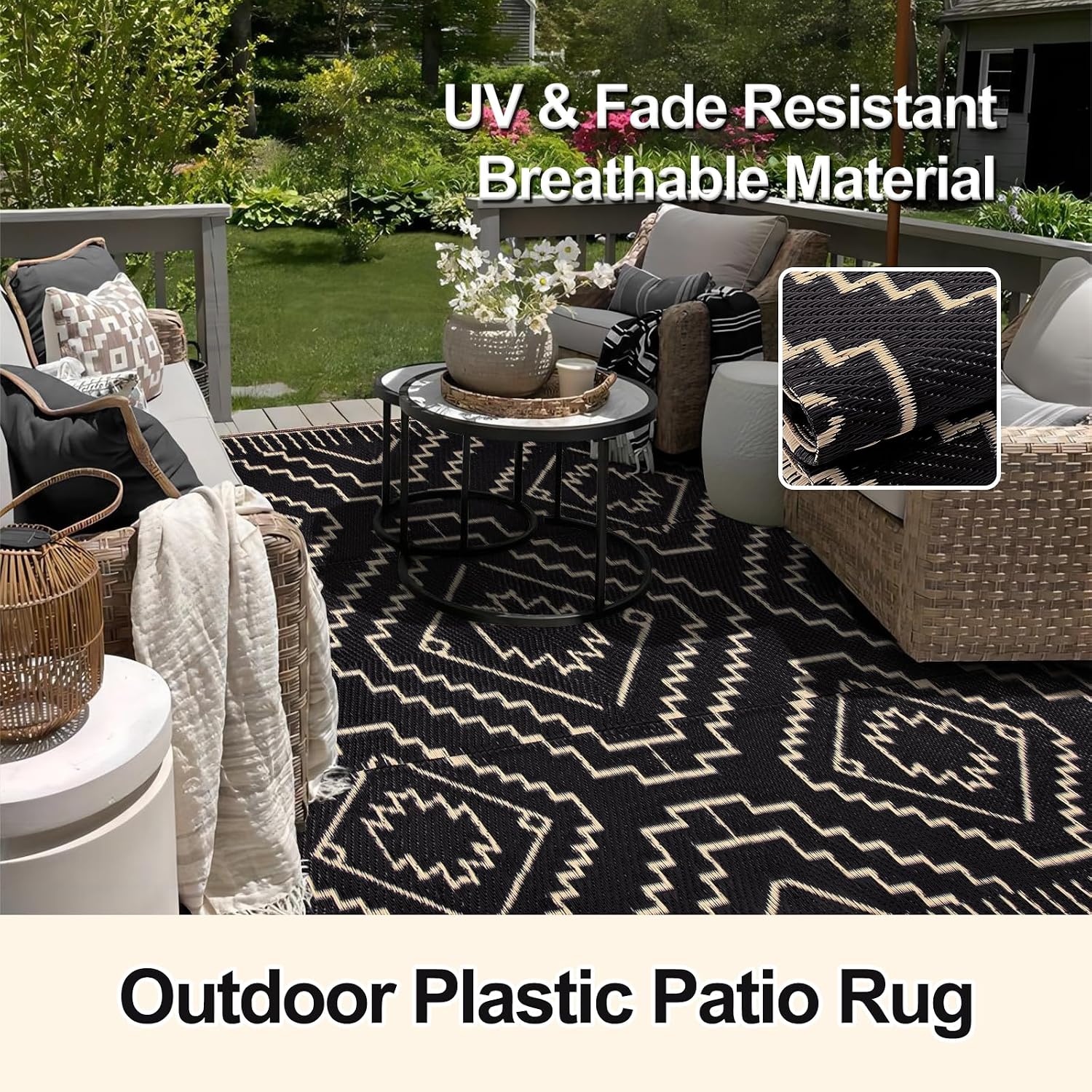 Black Beige Plastic Straw Outdoor Rug