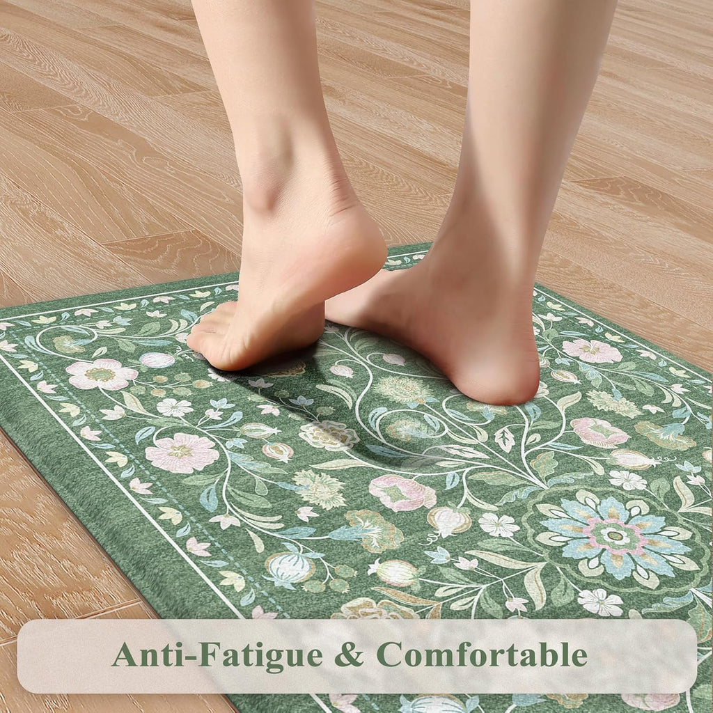 Green Farmhouse Floral Anti Fatigue Kitchen Rug Set of 2
