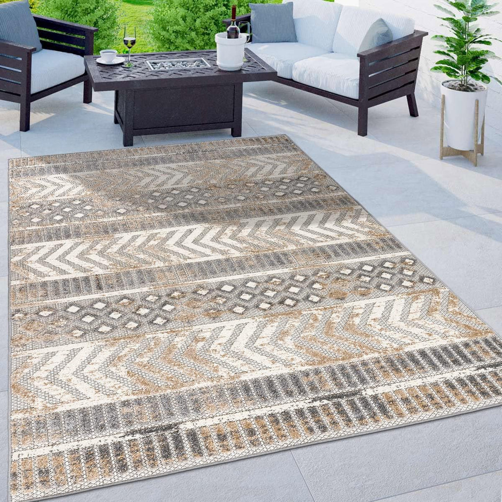 Beige Distressed Geometric Indoor Outdoor Area Rug 7'10"x10'