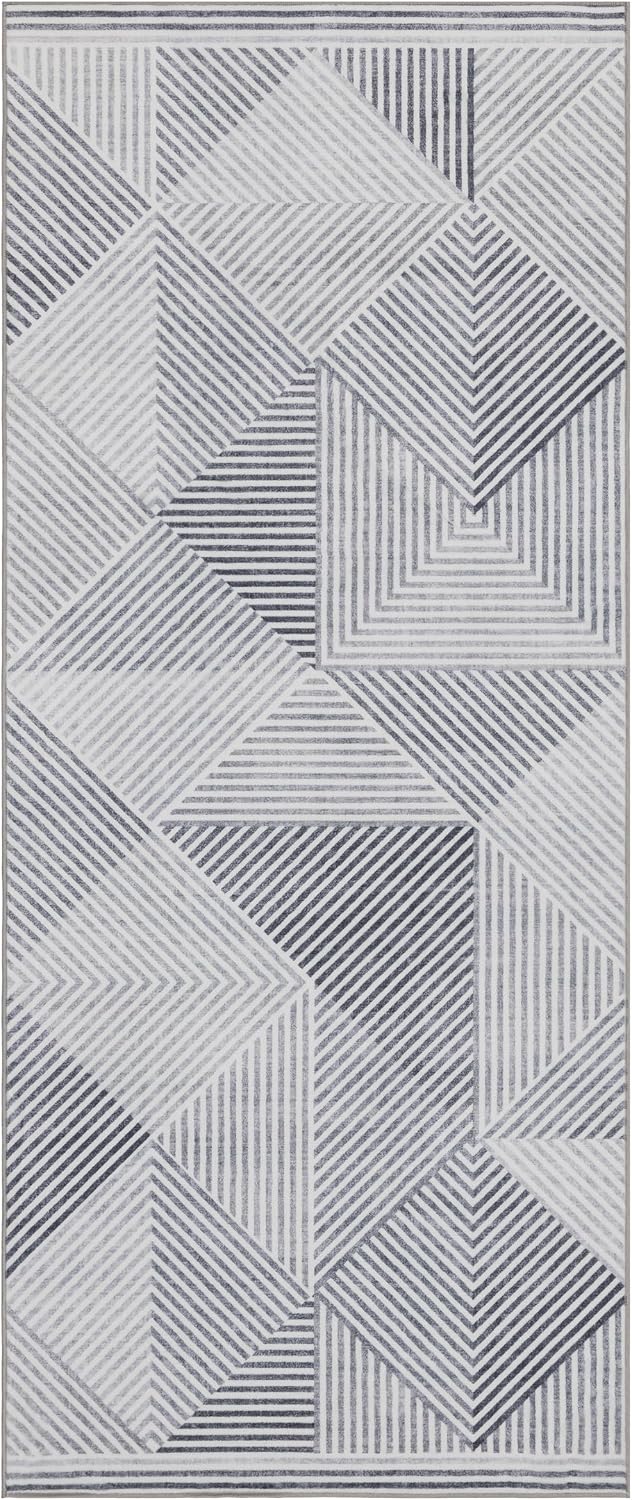 Gray Geometric Washable Runner Rug