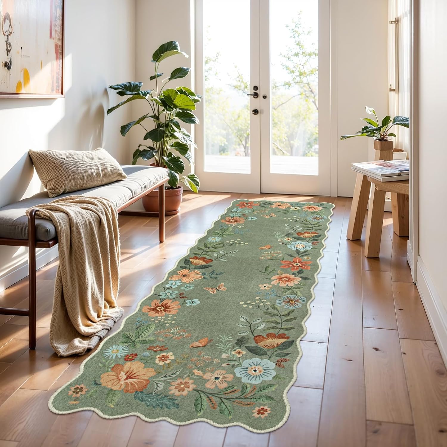 Green Boho Floral Runner Rug
