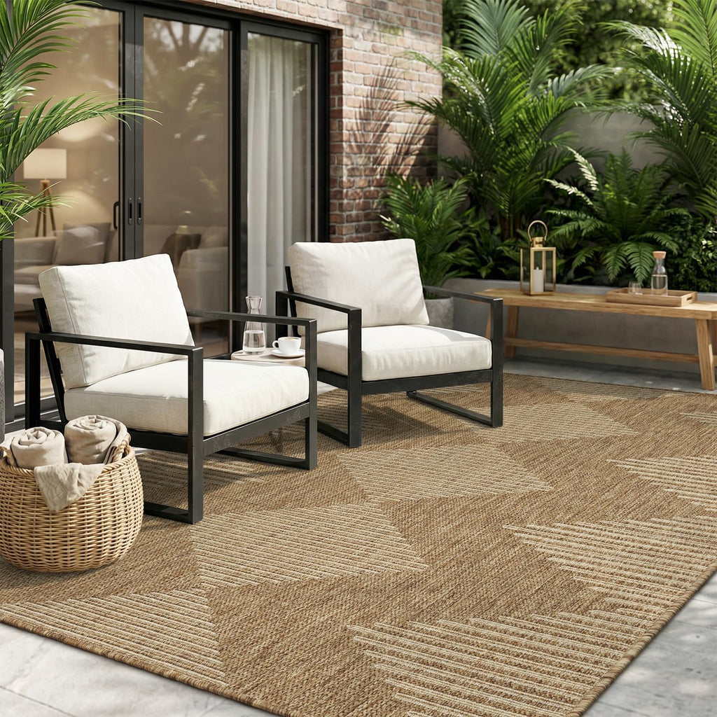 Brown Boho Geometric Patio Rug
