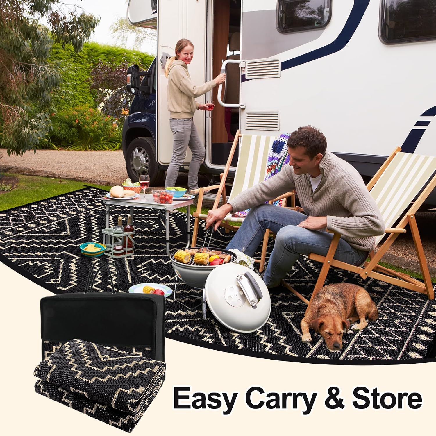 Black Beige Plastic Straw Outdoor Rug