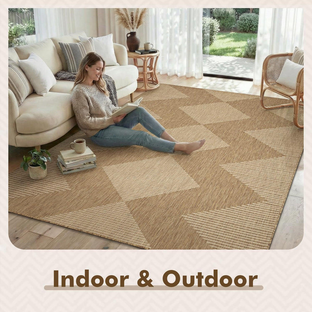 Brown Boho Geometric Patio Rug