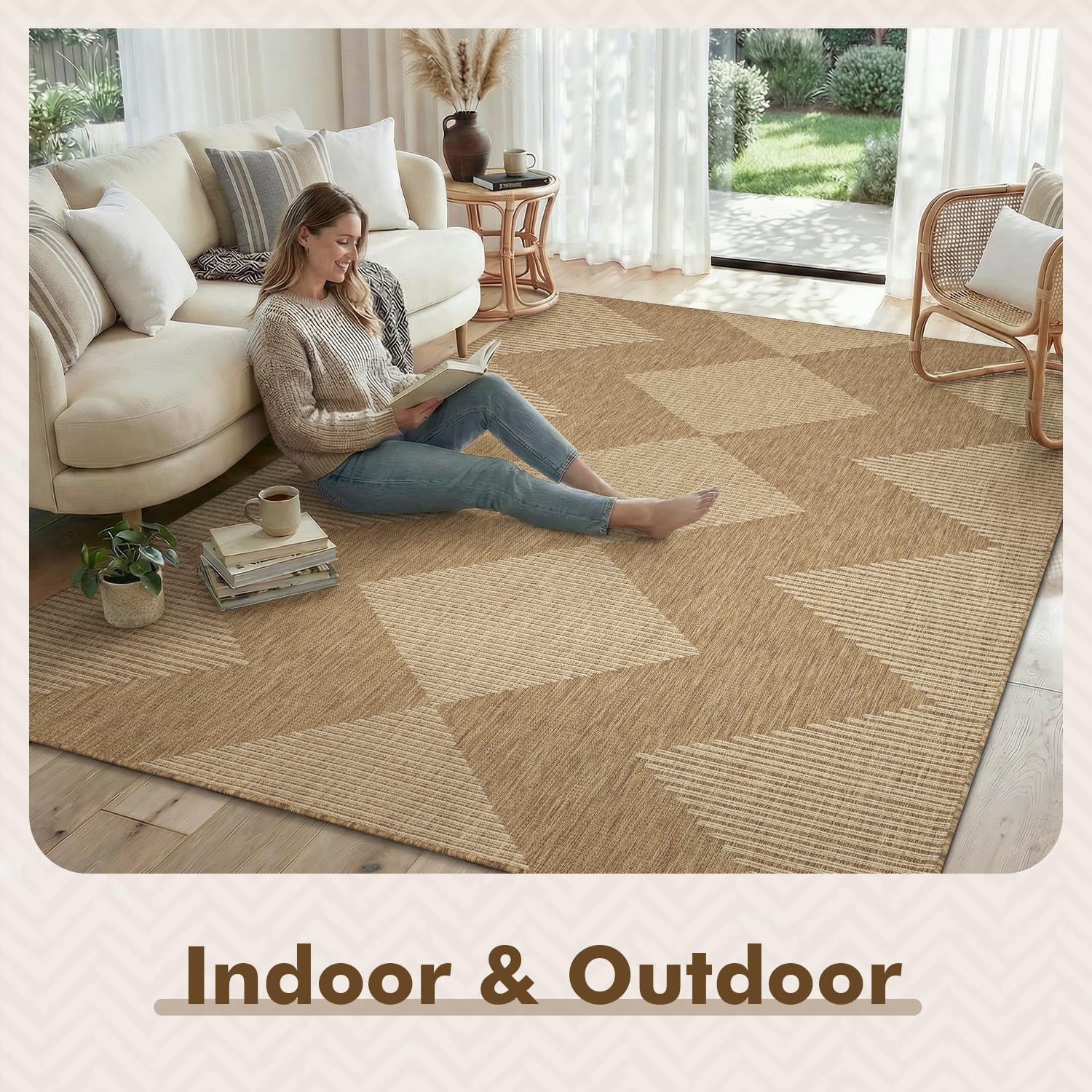 Brown Boho Geometric Patio Rug