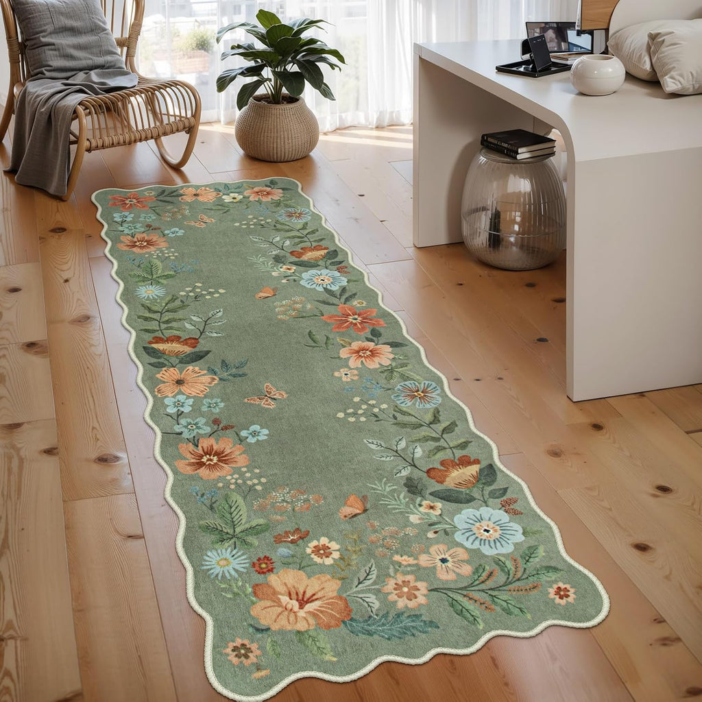 Green Boho Floral Runner Rug