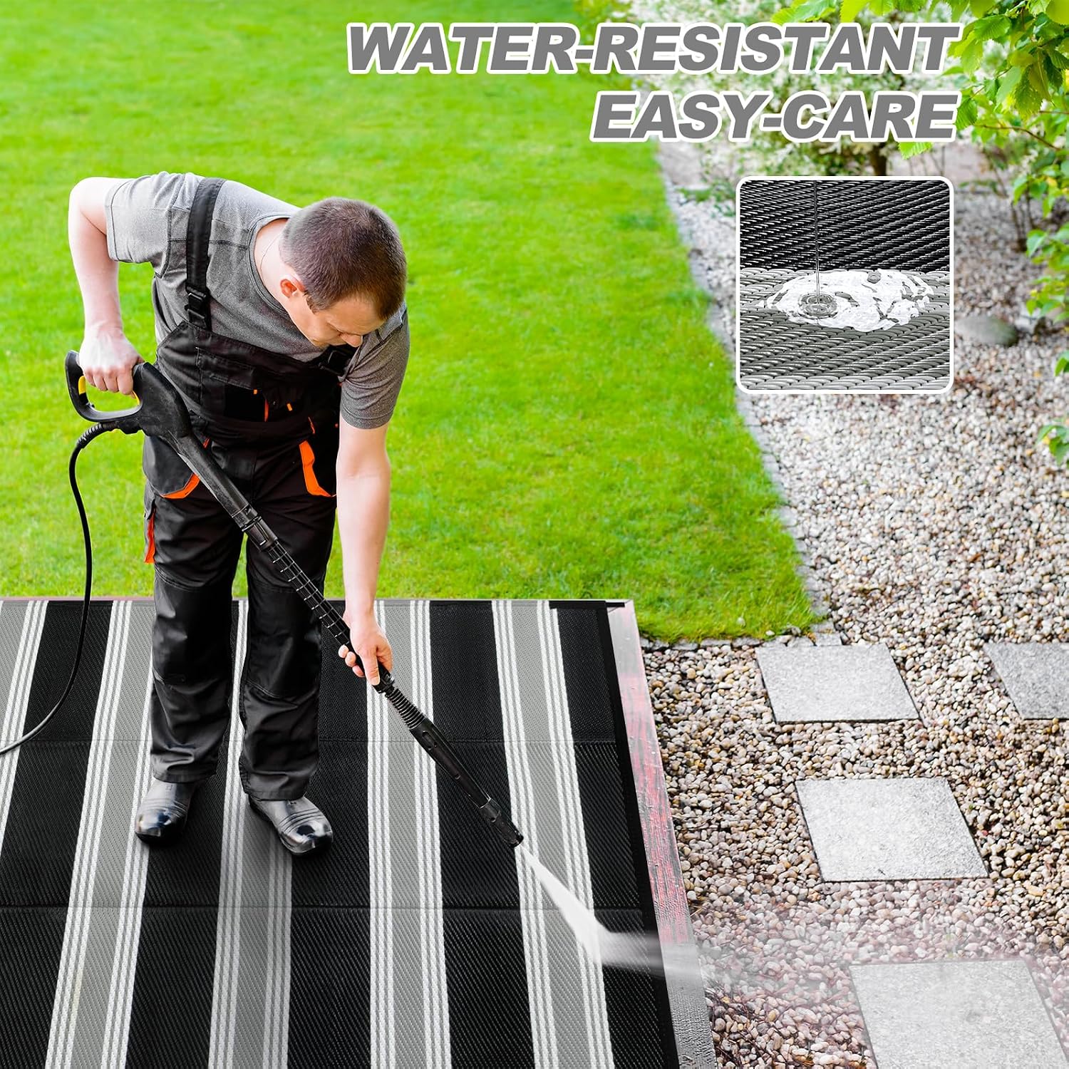 Black Grey Reversible Striped Plastic Straw Outdoor Rug 6x9