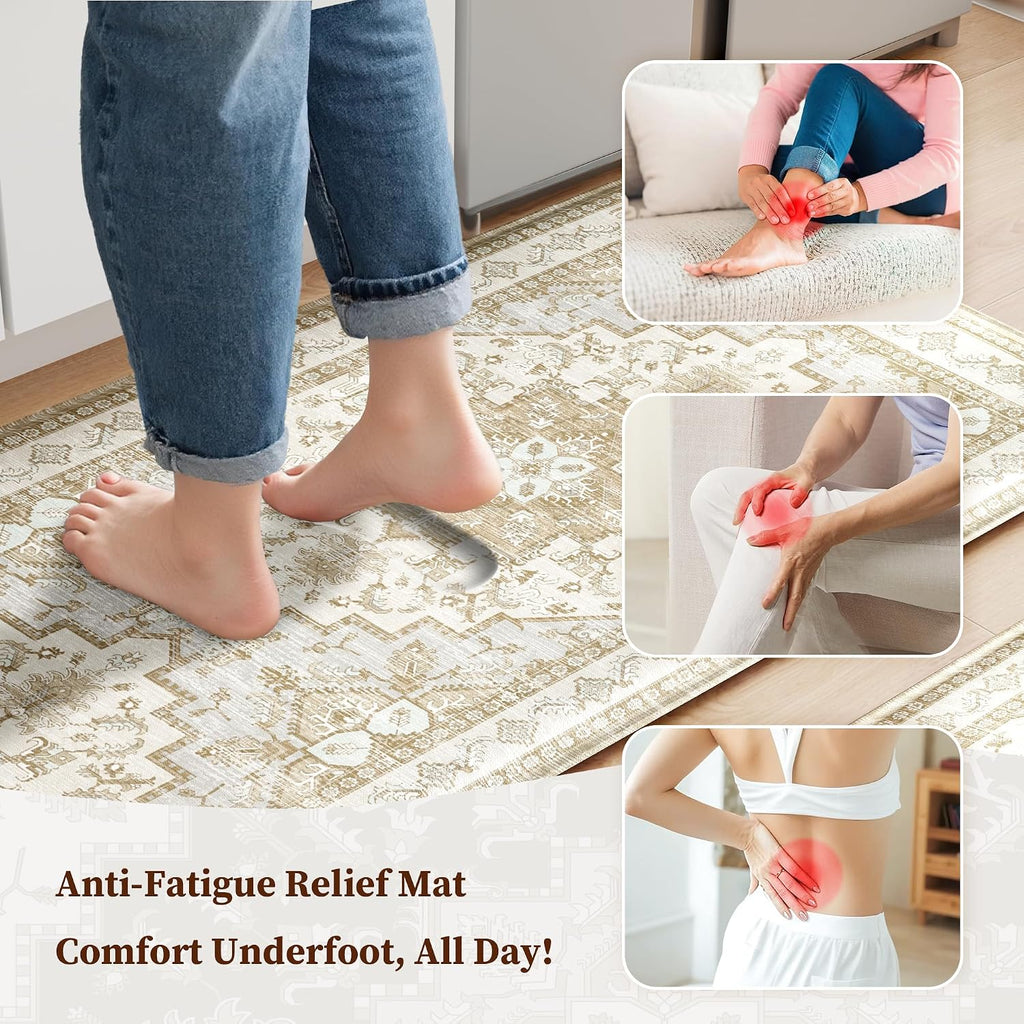 Beige Tan Boho Anti Fatigue Kitchen Rug Set of 2