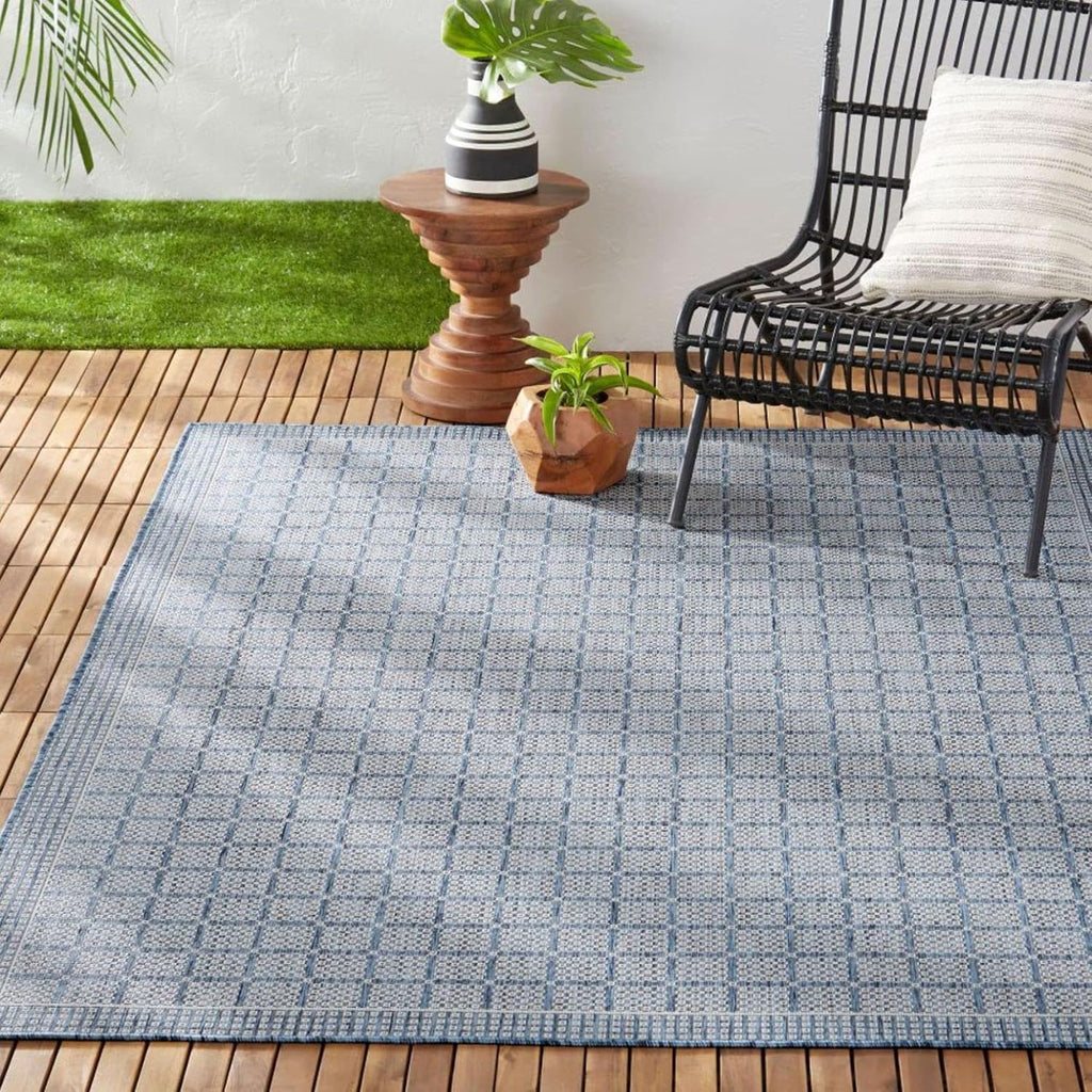 Blue Grey Geometric Patio Rug