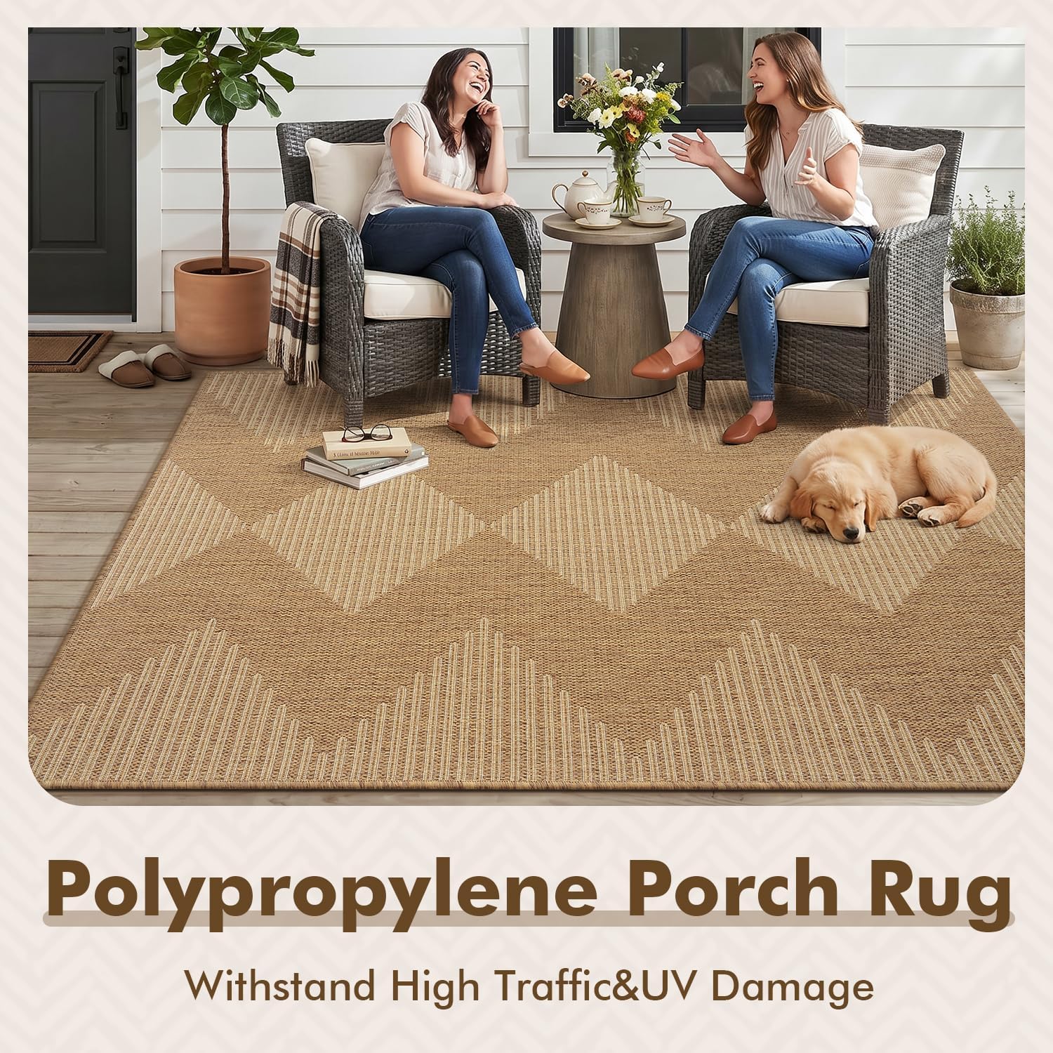 Brown Boho Geometric Patio Rug