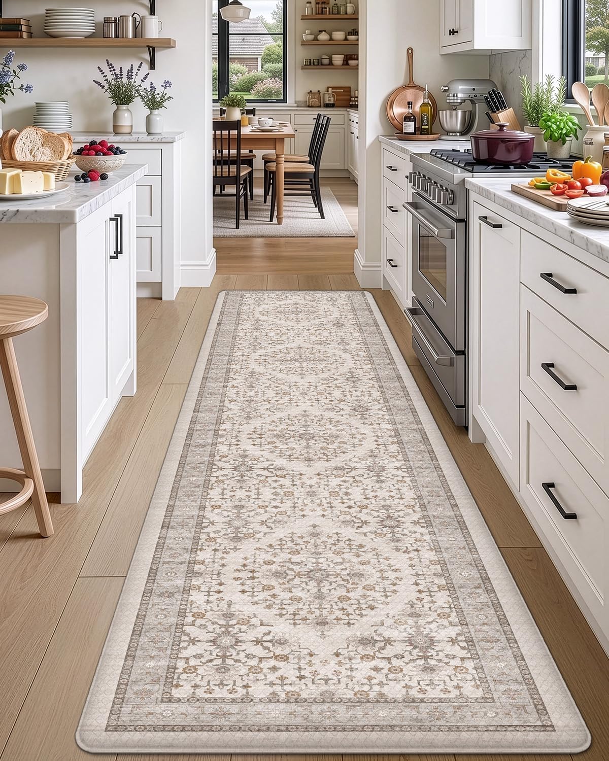 Beige White Memory Foam Anti Fatigue Kitchen Runner Rug