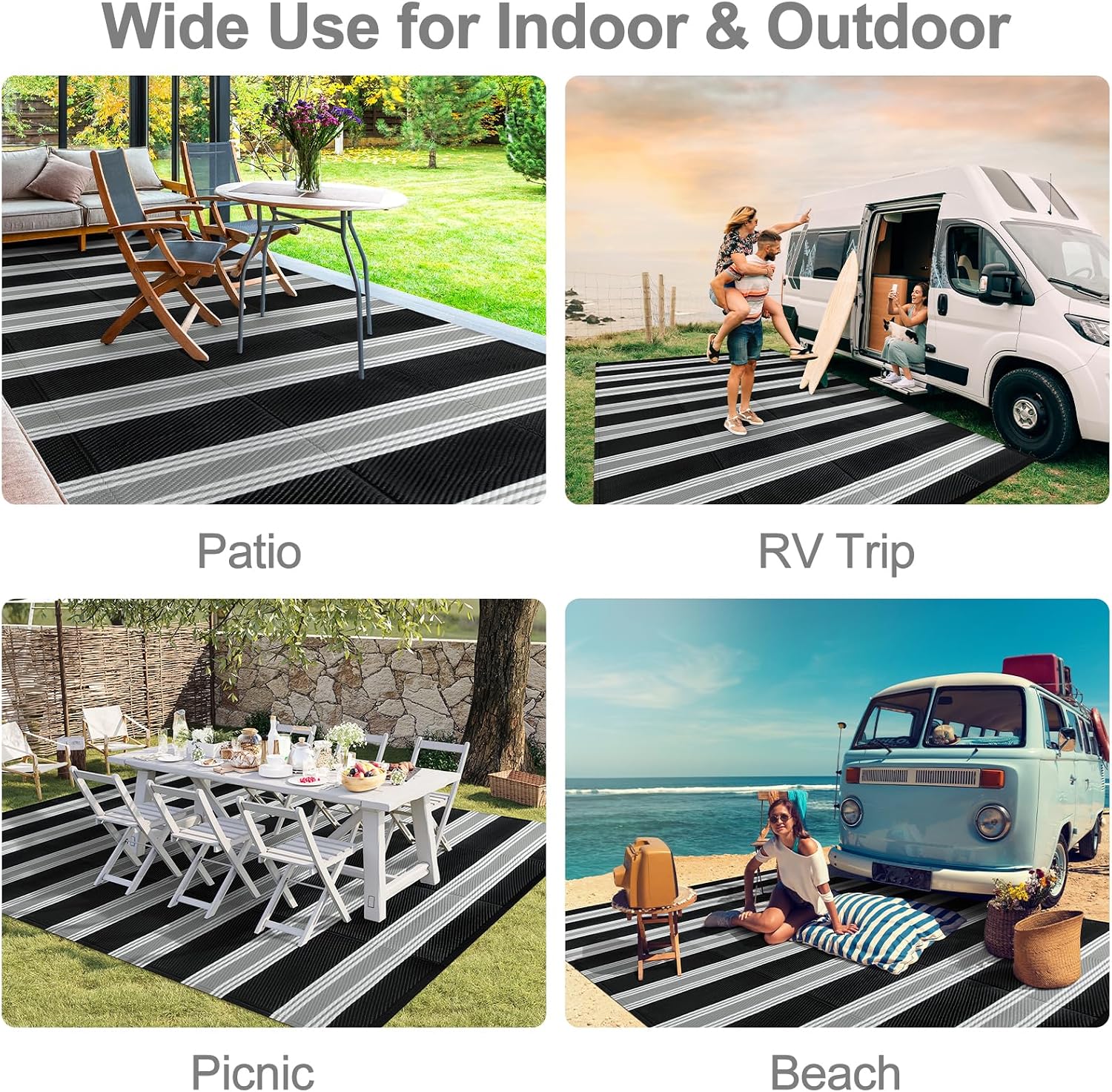 Black Grey Reversible Striped Plastic Straw Outdoor Rug 6x9