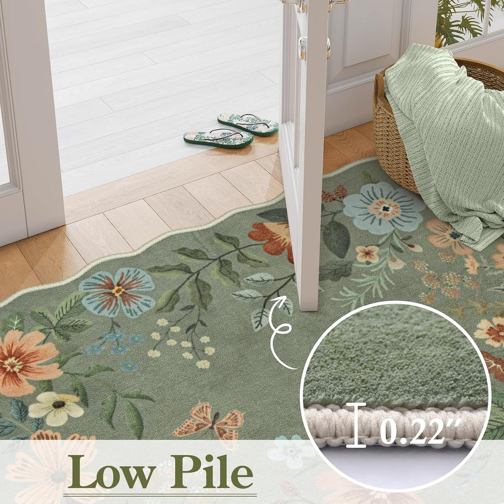 Green Boho Floral Runner Rug