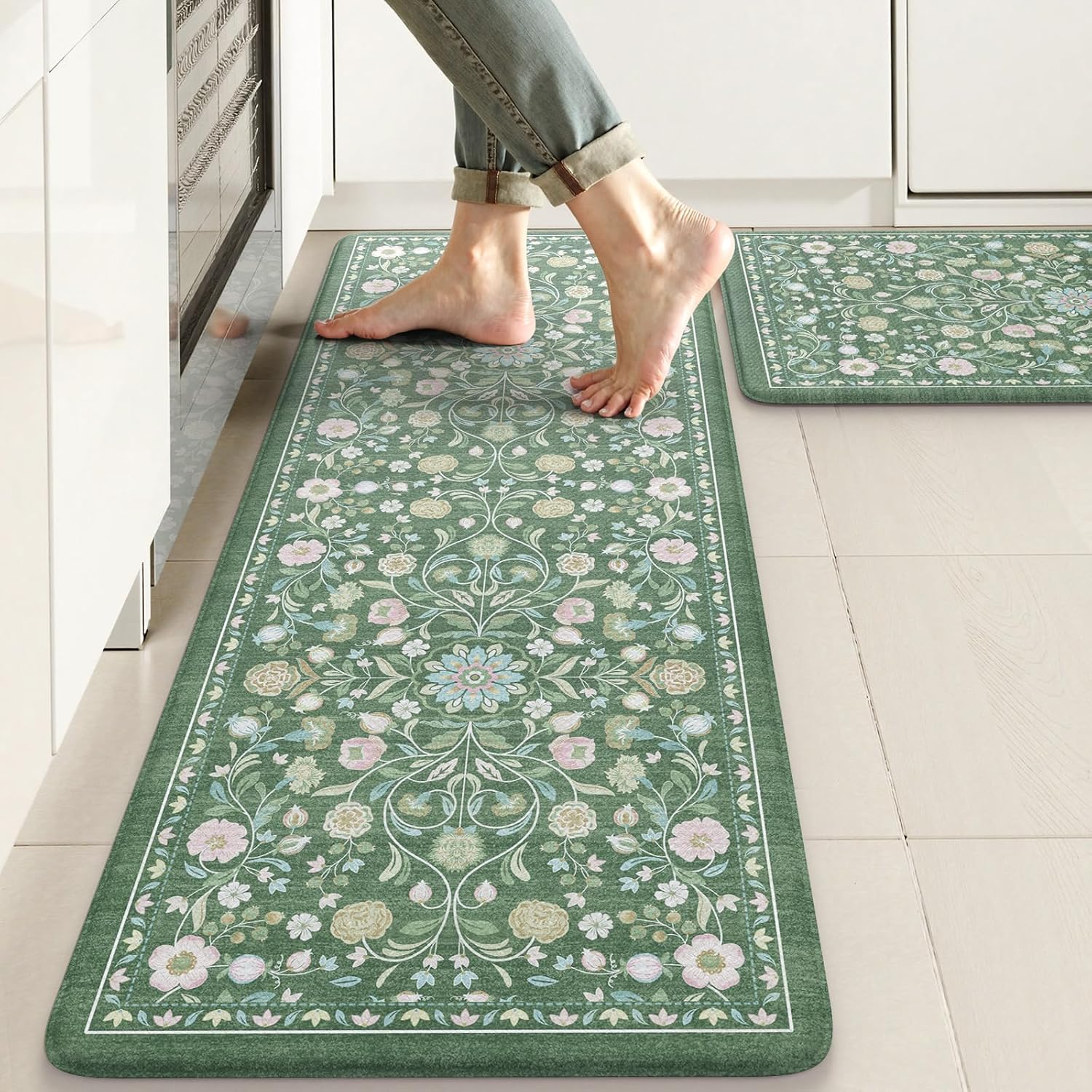 Green Farmhouse Floral Anti Fatigue Kitchen Rug Set of 2