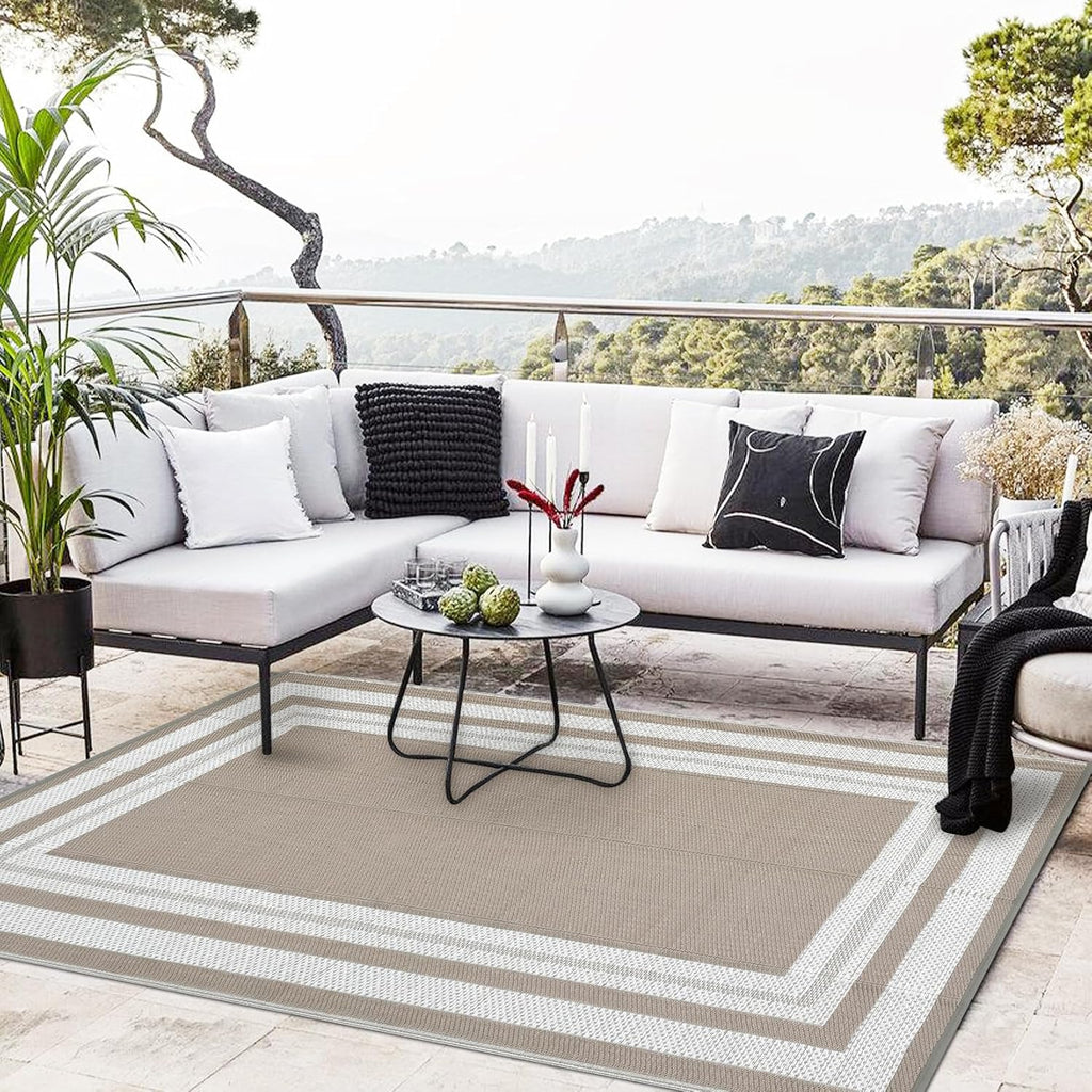 Grey Beige Reversible Plastic Straw Rug