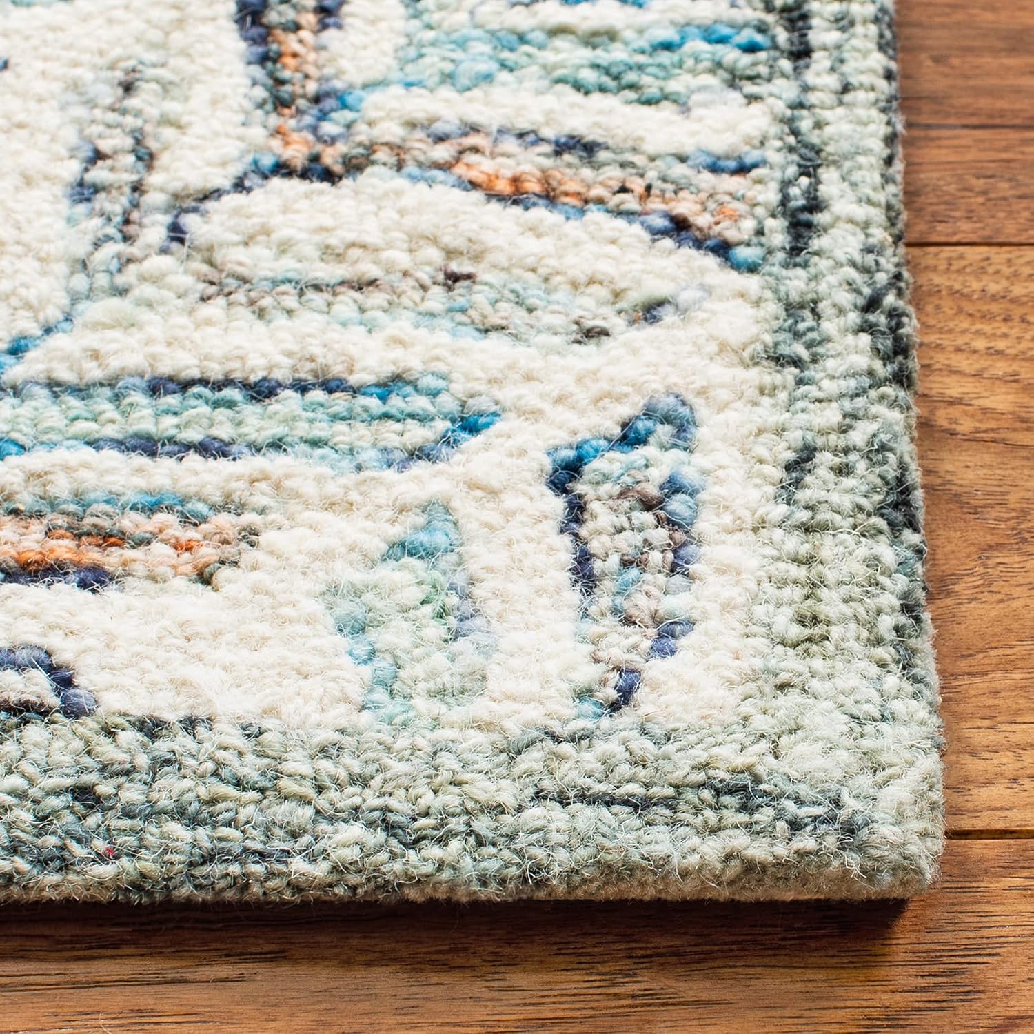 Ivory Blue Handmade Wool Square Rug
