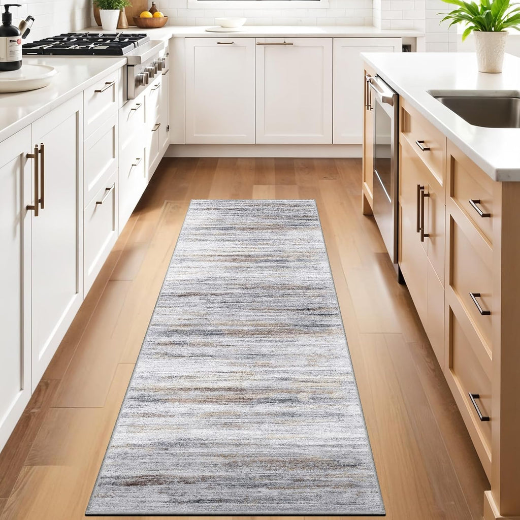 Beige Grey Washable Runner Rug