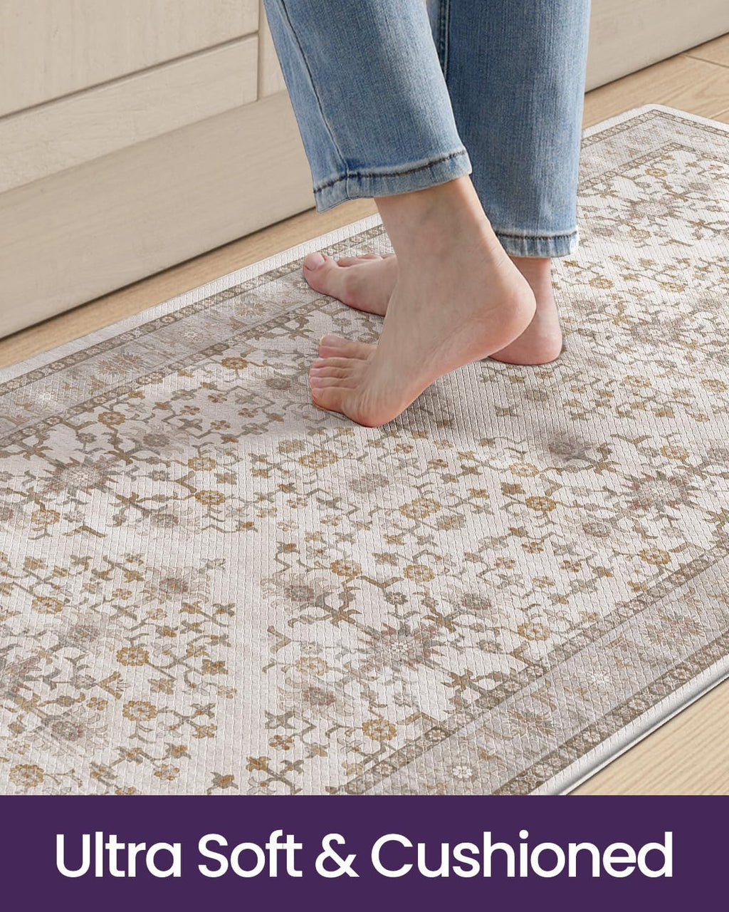 Beige White Memory Foam Anti Fatigue Kitchen Runner Rug