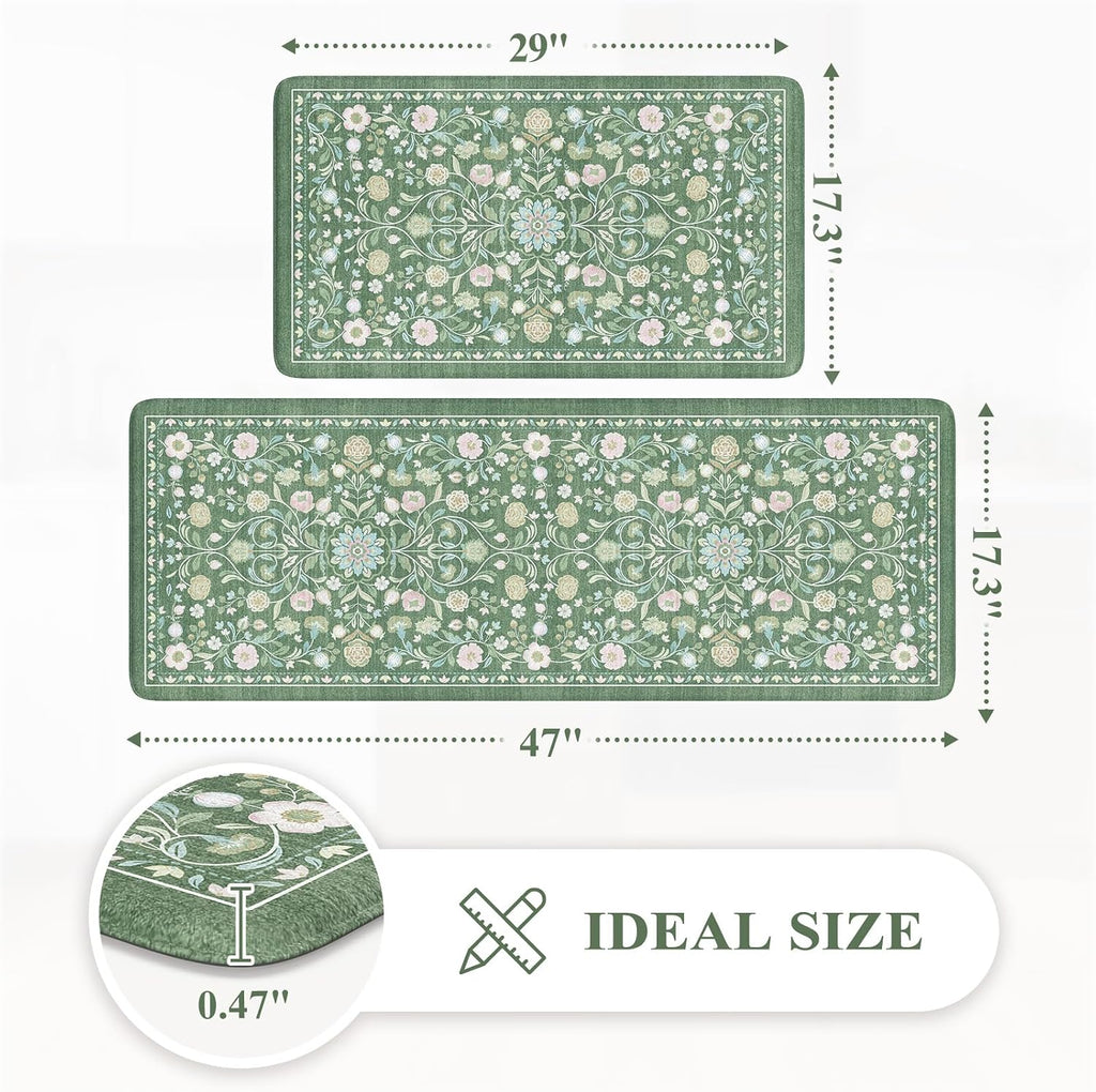 Green Farmhouse Floral Anti Fatigue Kitchen Rug Set of 2