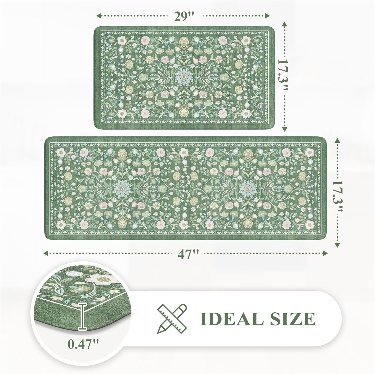 Green Farmhouse Floral Anti Fatigue Kitchen Rug Set of 2