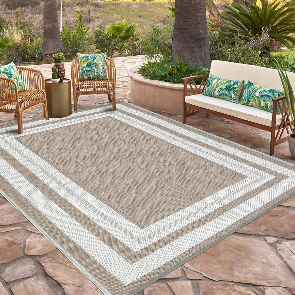 Grey Beige Reversible Plastic Straw Rug