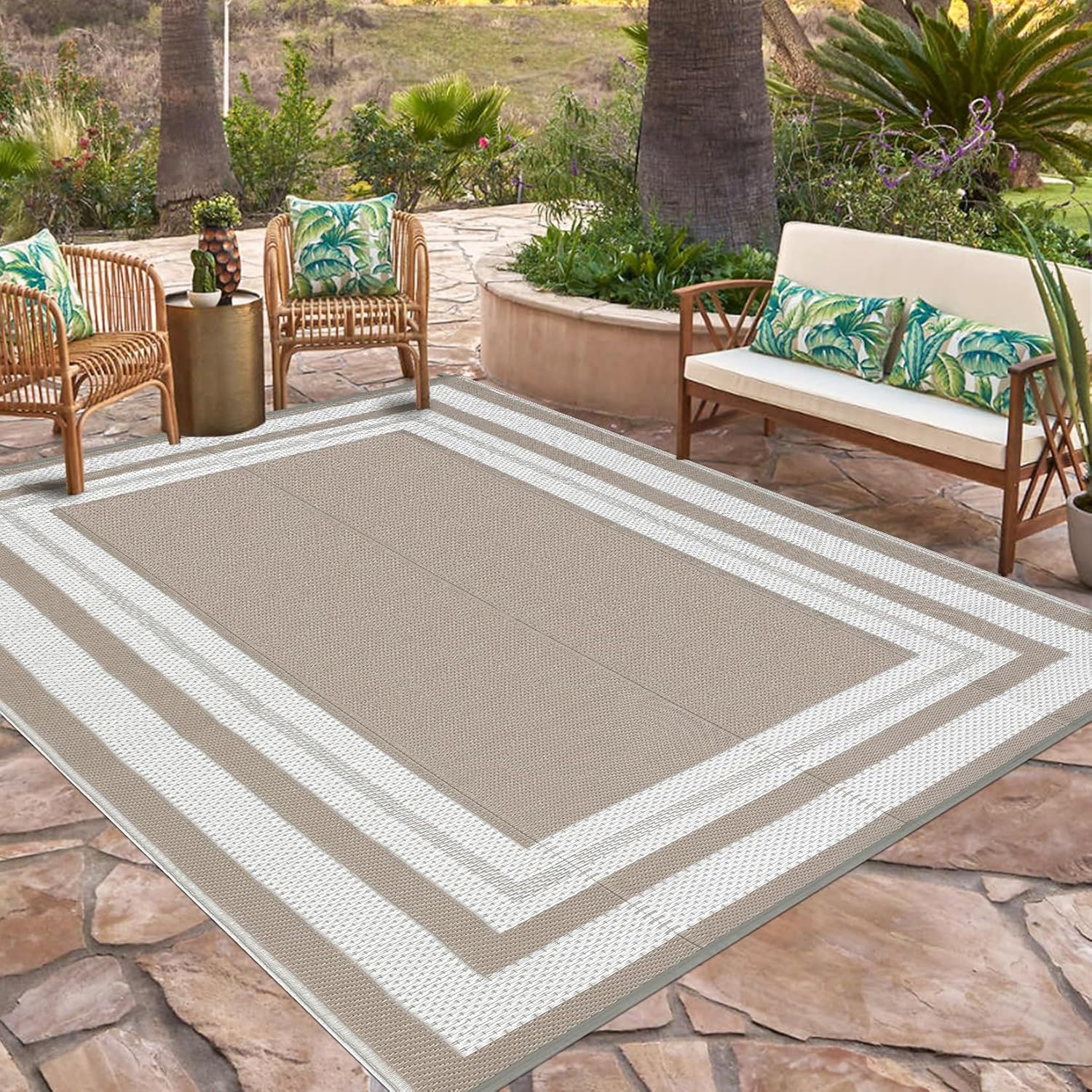Grey Beige Reversible Plastic Straw Rug