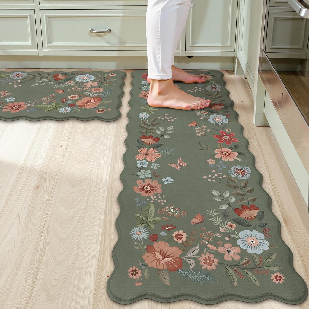 Green Scalloped Floral Anti Fatigue Kitchen Rug Set of 2