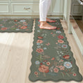 Green Scalloped Floral Anti Fatigue Kitchen Rug Set of 2