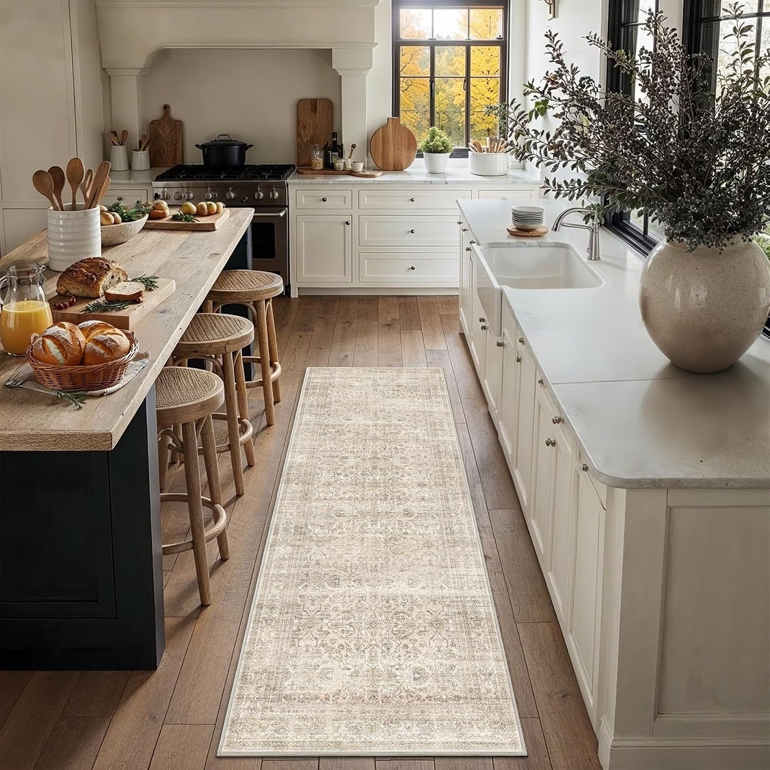 Beige Vintage Floral Runner Rug