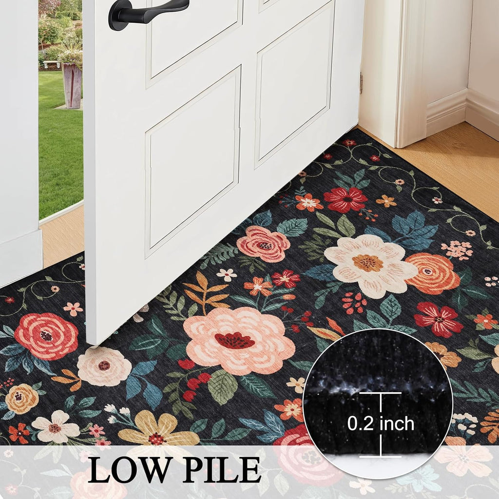 Black Floral Washable Runner Rug