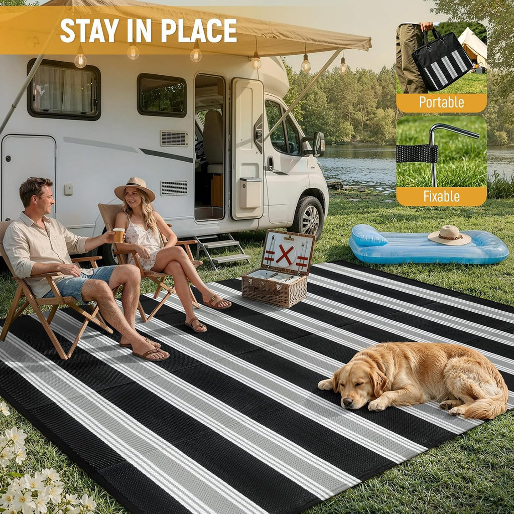 Black Grey Reversible Striped Plastic Straw Outdoor Rug 6x9
