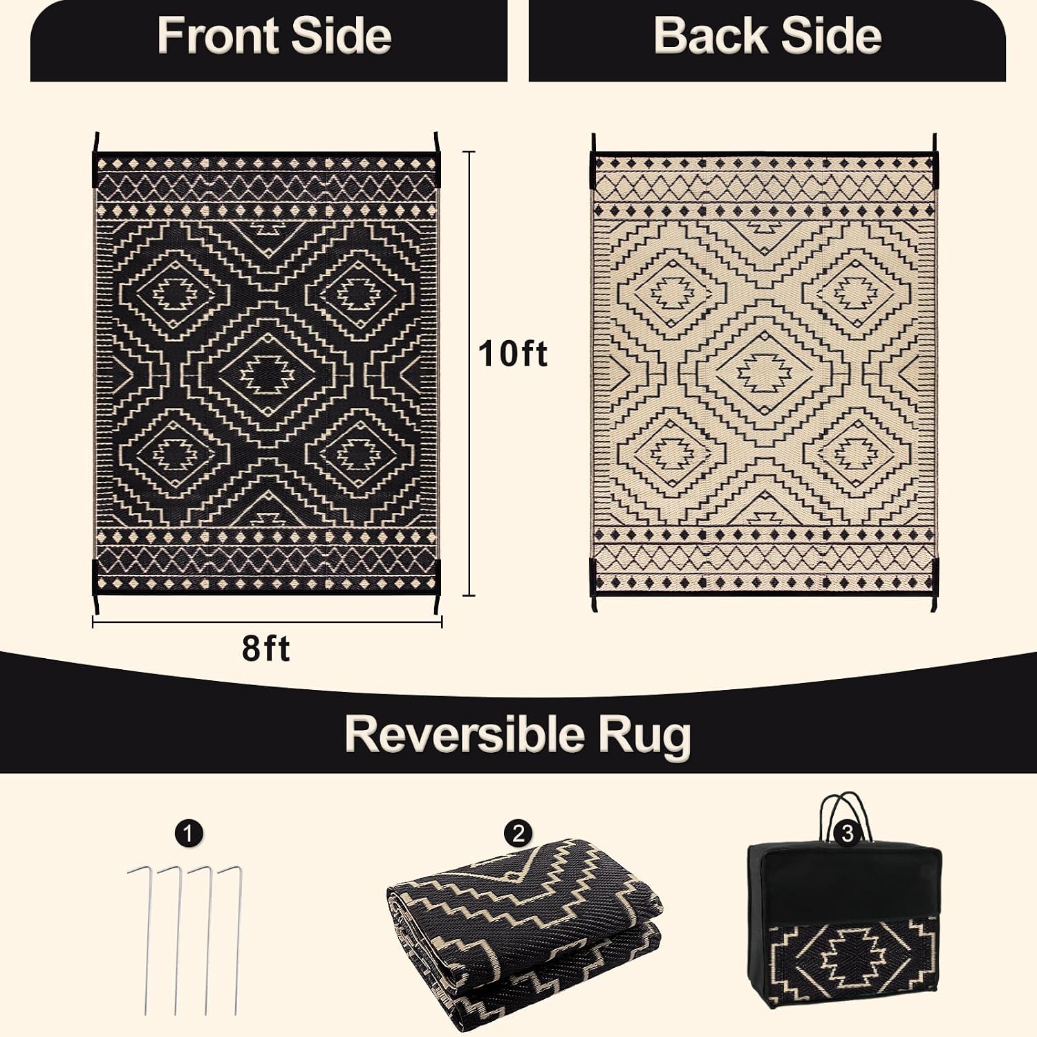 Black Beige Plastic Straw Outdoor Rug