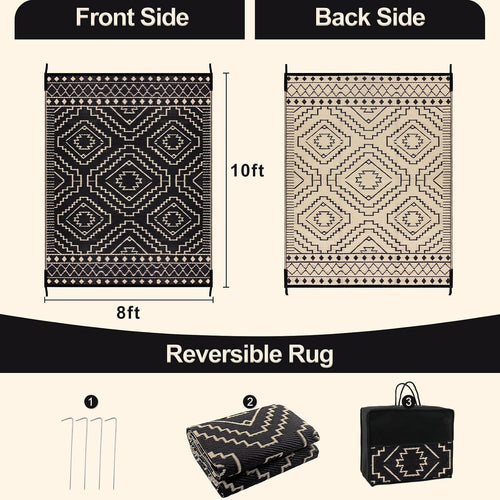 Black Beige Plastic Straw Outdoor Rug