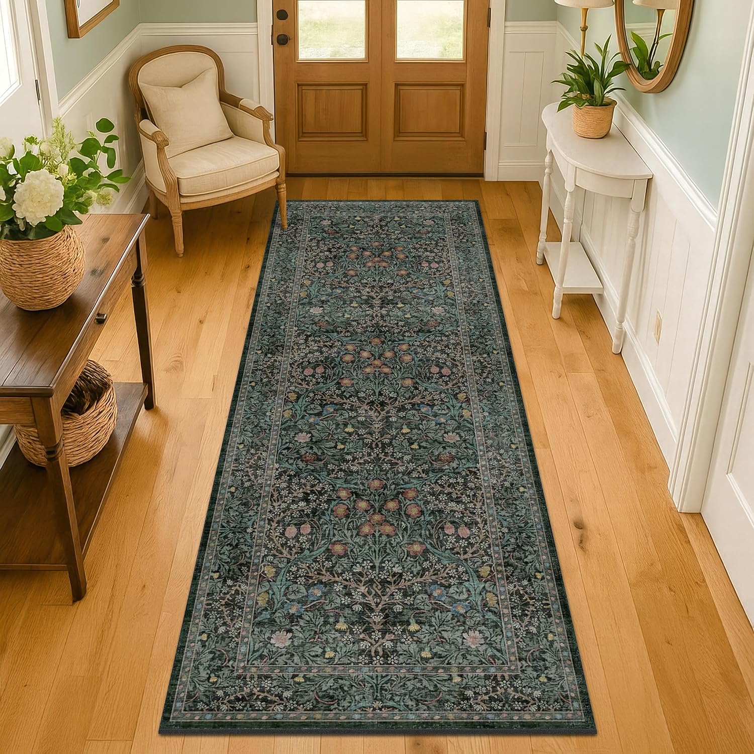 Dark Green Floral Washable Runner Rug